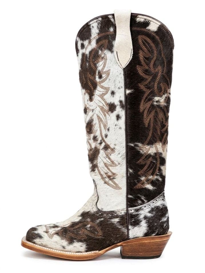 Bota De Vaca Color Blanco Con Cafe Tubo Alto Tacon Semi Cubano