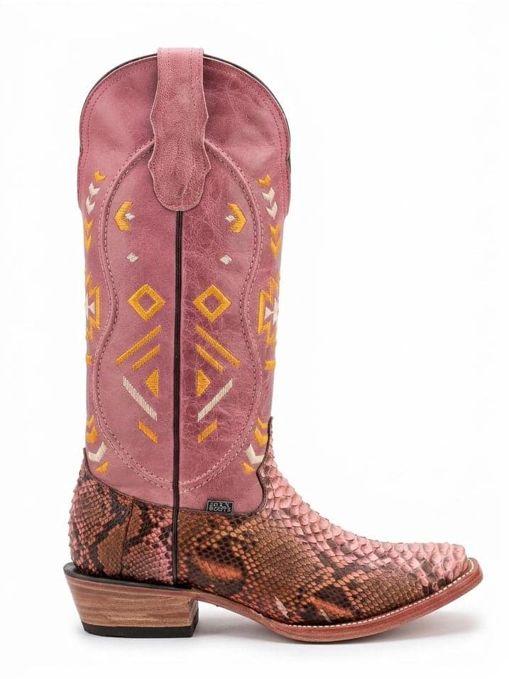 Bota De Piton Color Rosa Con Cafe Tubo Alto